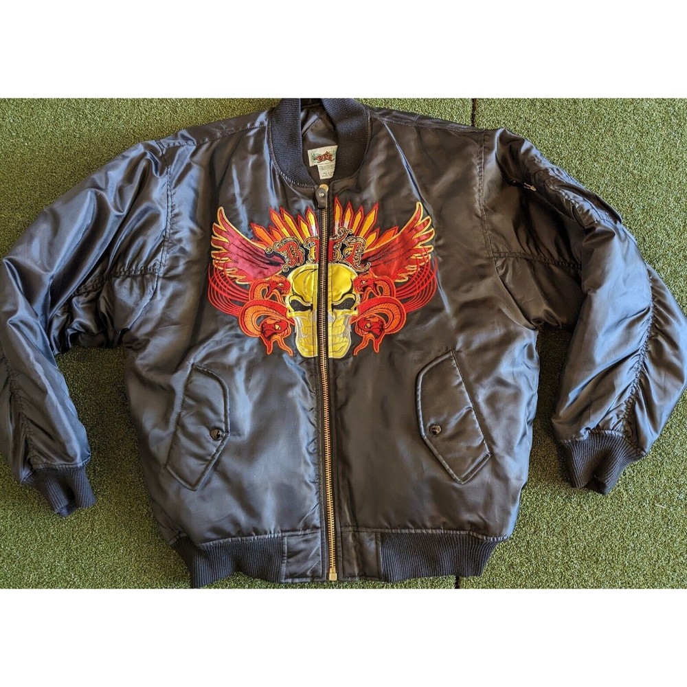 BTL Black Bomber Jacket Men Size Large Skull Snake Wings Embroidered Line Large